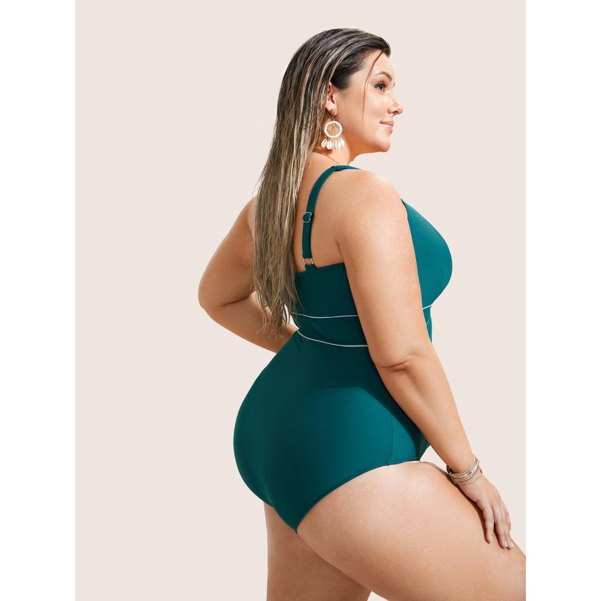 Plus Size Contrast Trim Ruched Heart Neckline One Piece Swimsuit Women's Swimwear DarkGreen Beach Gathered Curve Bathing Suits High stretch One Pieces BloomChic 10/M Product Image