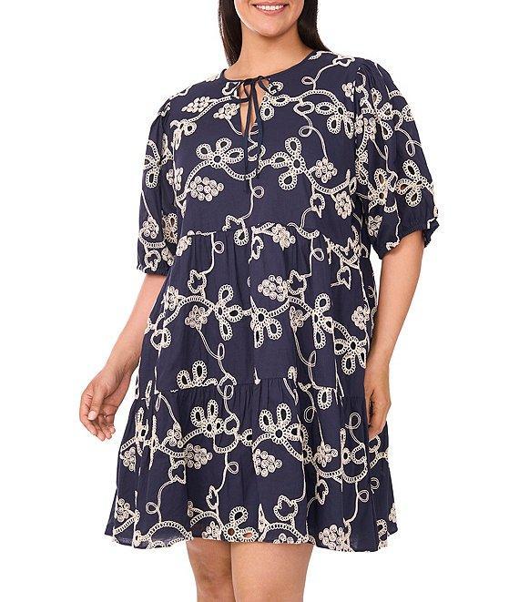 CeCe Plus Size Woven V-Neck Short Puff Sleeve Floral Embroidered Tiered A-Line Dress Product Image