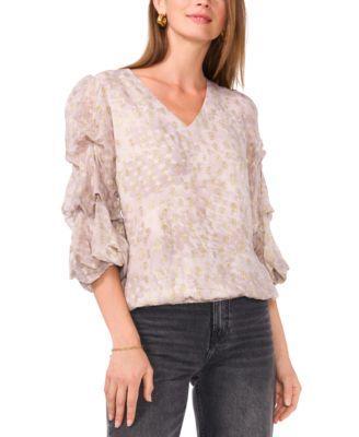 Vince Camuto Womens Printed V-Neck Lantern-Sleeve Top Product Image