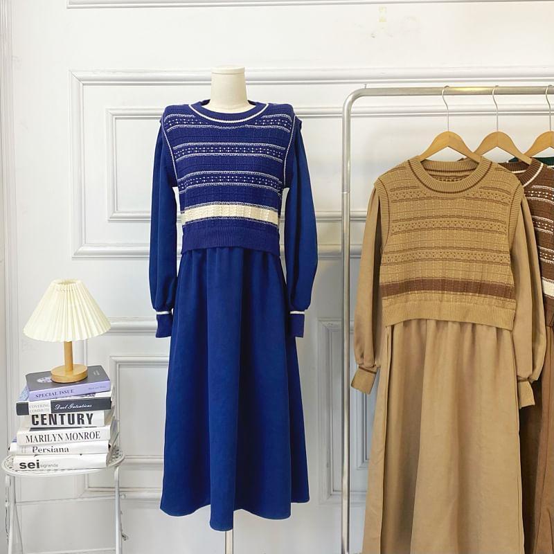 Long-Sleeve Crew Neck Mock Two-Piece Striped Knit Panel Corduroy Midi A-Line Dress Product Image