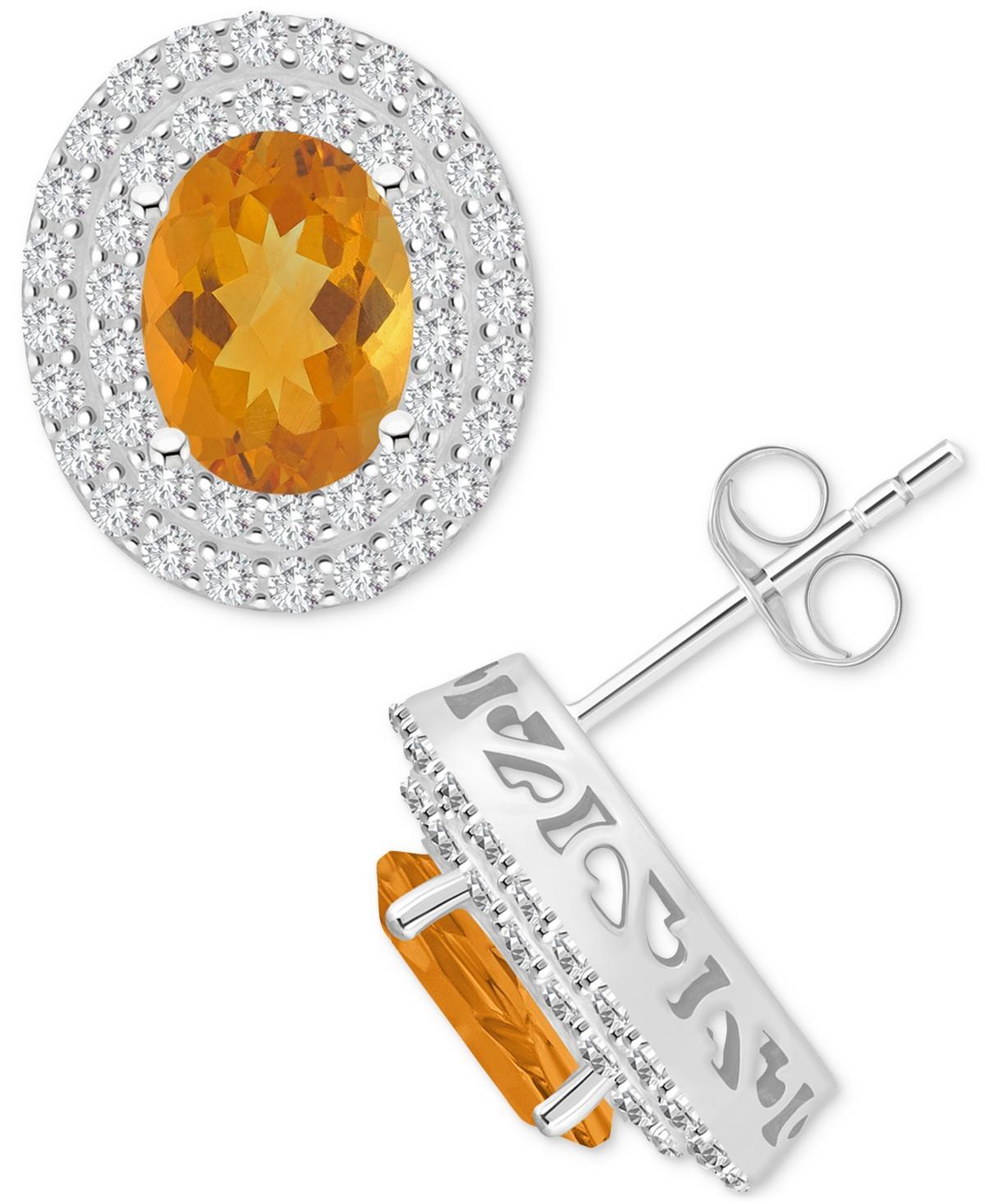 Celebration Gems Sterling Silver Oval-Cut Citrine & White Topaz Double Halo Stud Earrings, Women's Product Image
