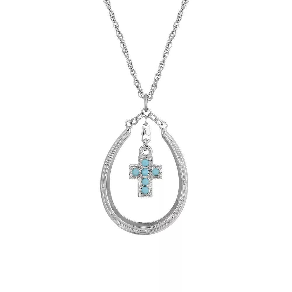 1928 Silver Tone Horseshoe Turquoise Crystal Cross Necklace, Womens Product Image