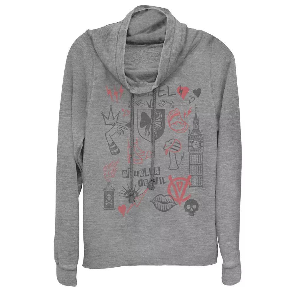 Disney's Cruella Juniors' Rebel Fashion Sketches Cowlneck Graphic Lightweight Long Sleeve, Girl's, Size: Medium, Gray Grey Product Image