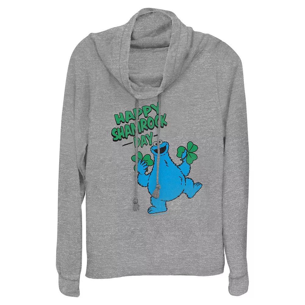 Womens PBS Kids Sesame Street Cookie Monster Happy Shamrock Day Cowlneck Graphic Lightweight Long Sleeve Gray Grey Product Image