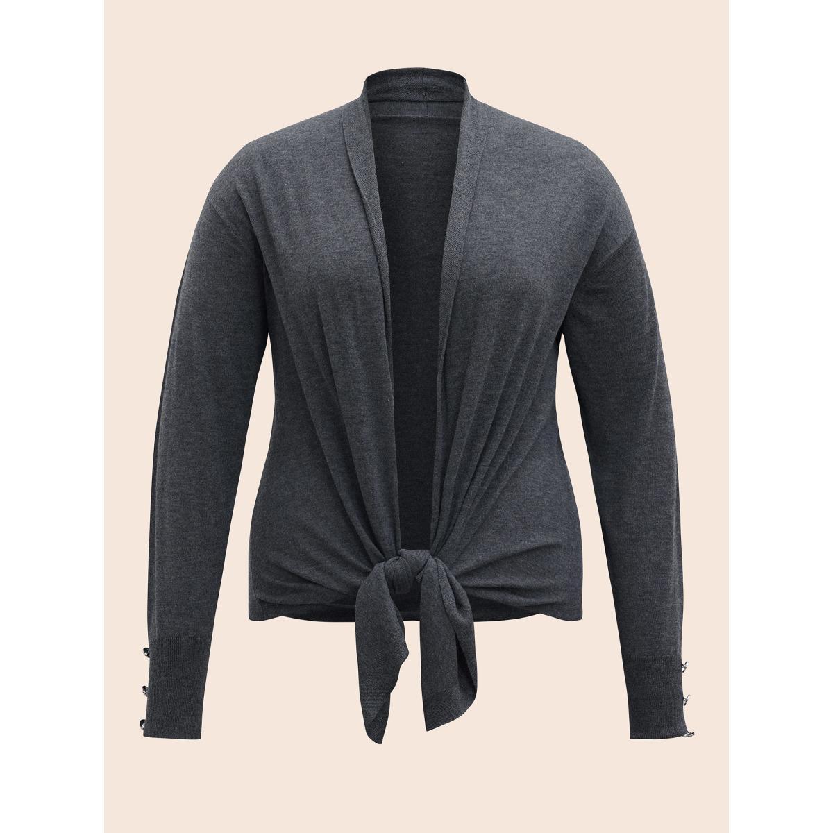 Plus Size Kimono Collar Button Detail Asymmetrical Hem Cardigan DimGray Women Casual Loose Long Sleeve Everyday Cardigans BloomChic 18-20/2X Product Image