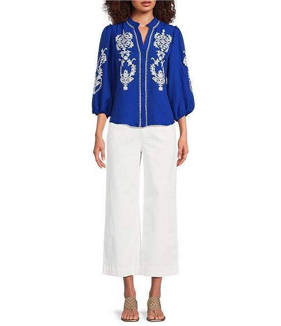 Calessa Embroidered Split V-Neck 3/4 Sleeve Button Front Tunic Product Image