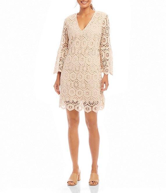 Karen Kane V-Neck Ruffle Sleeve A-Line Crochet Dress Product Image
