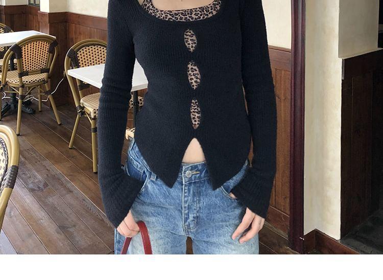 Long Sleeve Scoop Neck Plain Cutout Ribbed Knit Top / Halter Leopard Print Top Product Image