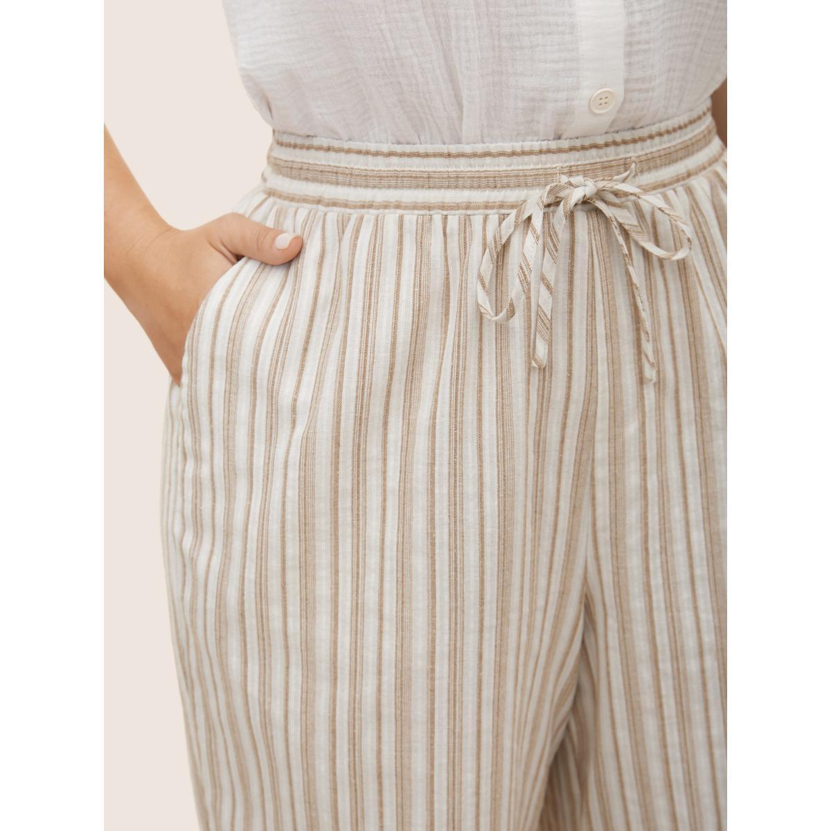 Plus Size Striped Drawstring Mid Rise Wide Leg Pants Women Tan Resort Wide Leg Mid Rise Vacation Pants BloomChic 22-24/3X Product Image