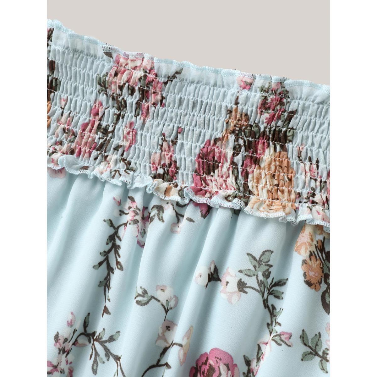 Plus Size LightBlue Shirred Off-Shoulder Chiffon Floral Blouse Women Elbow-length sleeve One-shoulder neck Vacation Blouses BloomChic 14-16/1X Product Image