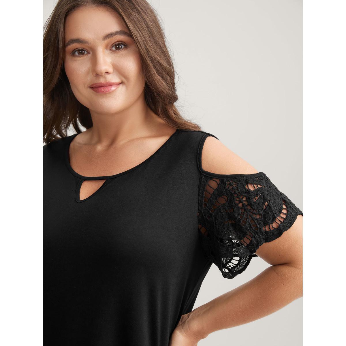 Plus Size Sleeve Cut-Out Cold-Shoulder T-Shirt Black Women Cut-Out Round Neck Everyday-Casual T-shirts BloomChic 22-24/3X Product Image