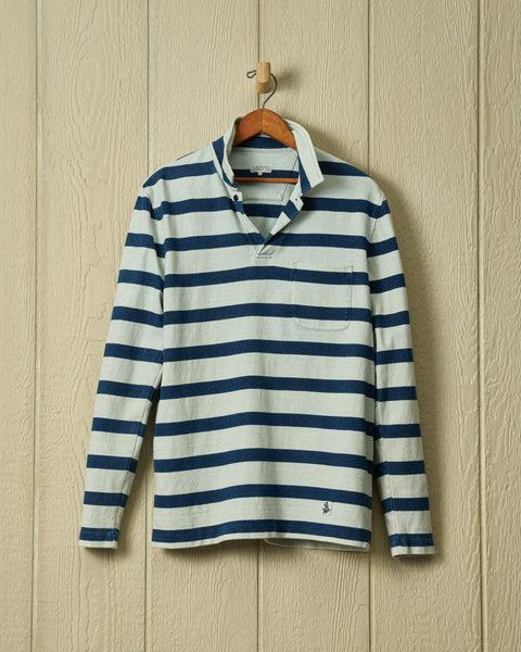 Long Sleeve Indigo Polo in Blue/Antique White Wide Stripe Product Image