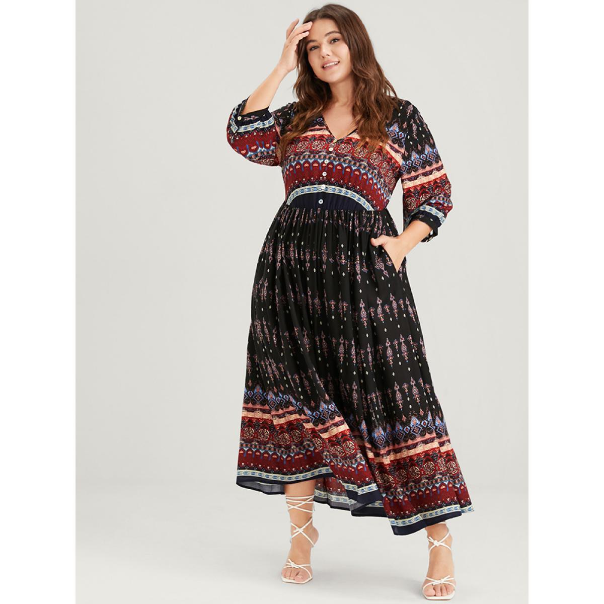 Plus Size Bandana Button Pocket Flutter Split Hem Midi Dress Black Women Elegant Elastic Waist V-neck Elbow-length sleeve Curvy Long Dress BloomChic 10/M Product Image