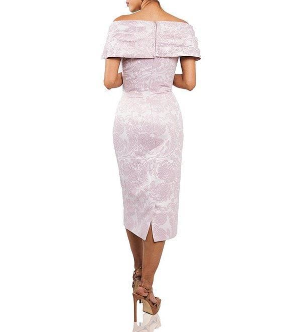 Terani Couture Off-the-Shoulder Brocade Sheath Midi Dress Product Image