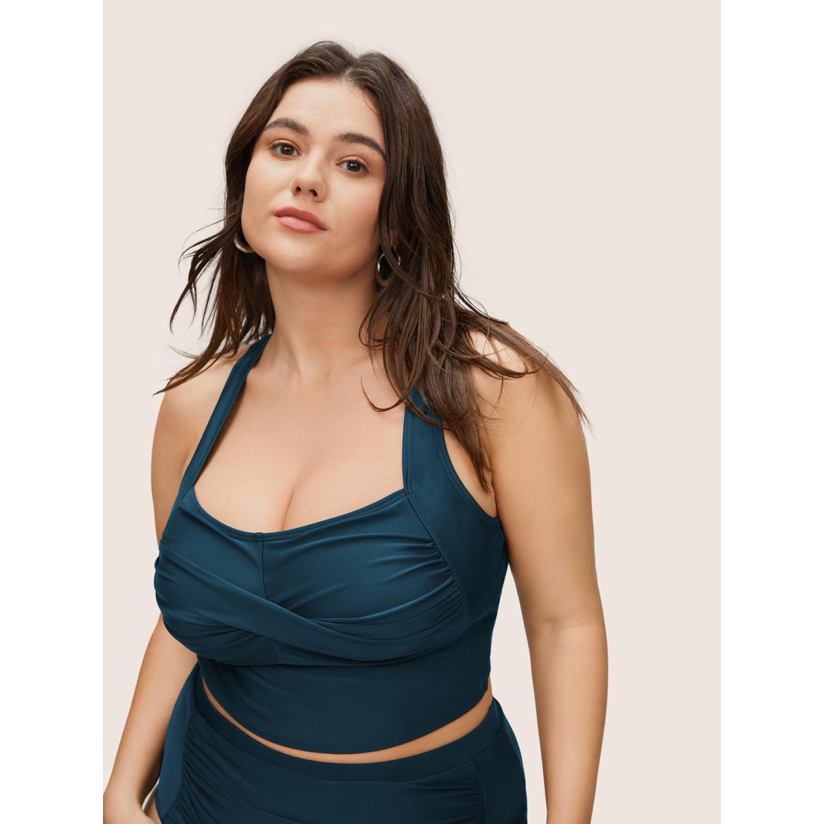 Plus Size Solid Crossover Square Neck Adjustable Straps Swim Top Women's Swimwear Cyan Beach Twist High stretch Skinny Square Neck Curve Swim Tops BloomChic 18-20/2X Product Image