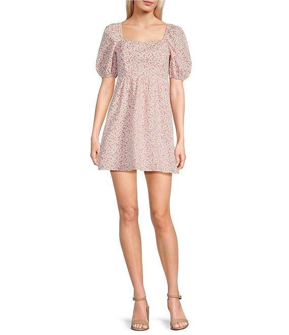 Copper Key Royal Floral Print Square Neck Short Puff Sleeve Smocked Back Dress Product Image