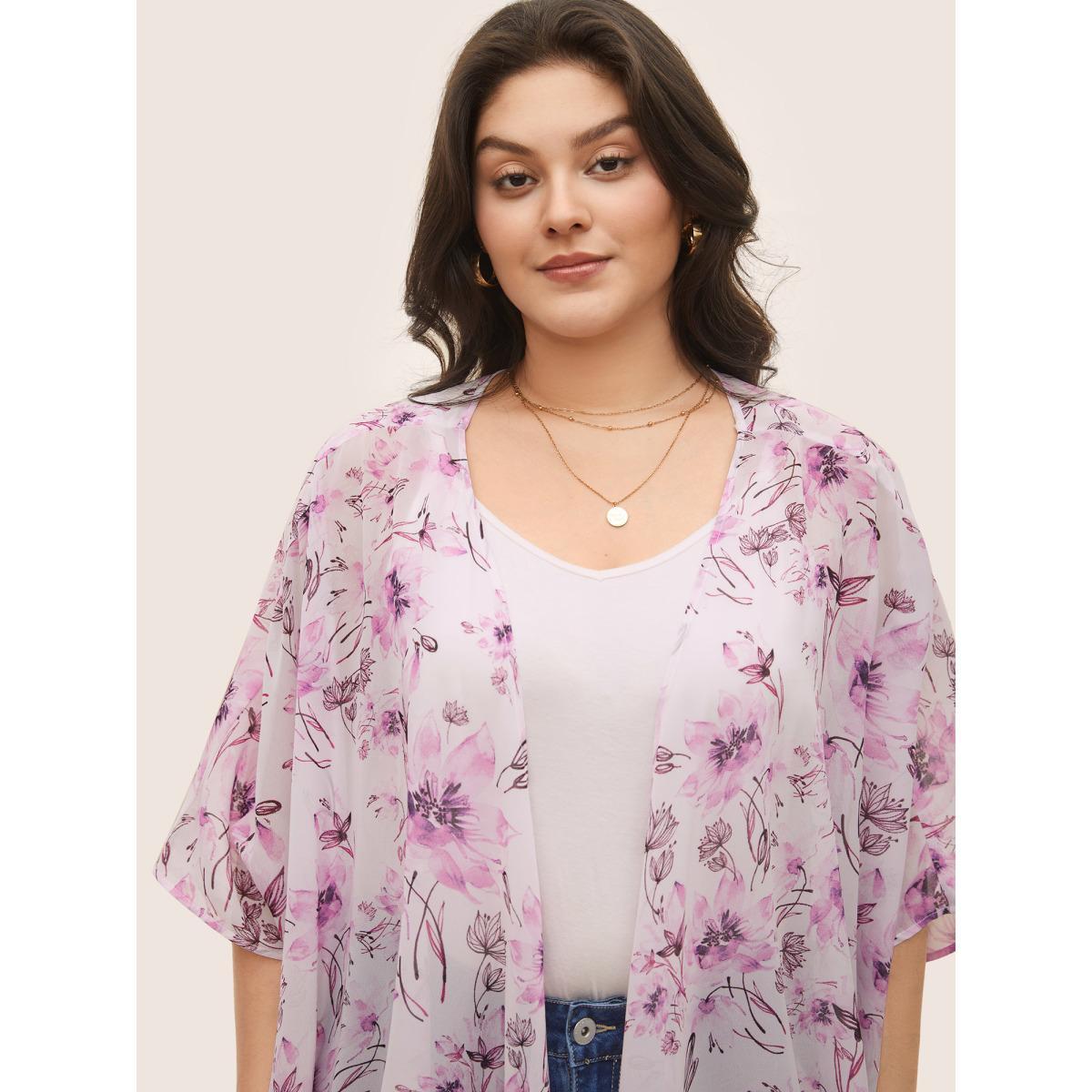 Plus Size Floral Mesh Split Side Asymmetrical Hem Kimono Women Lavender Elegant See through Everyday Kimonos BloomChic 26/4X Product Image