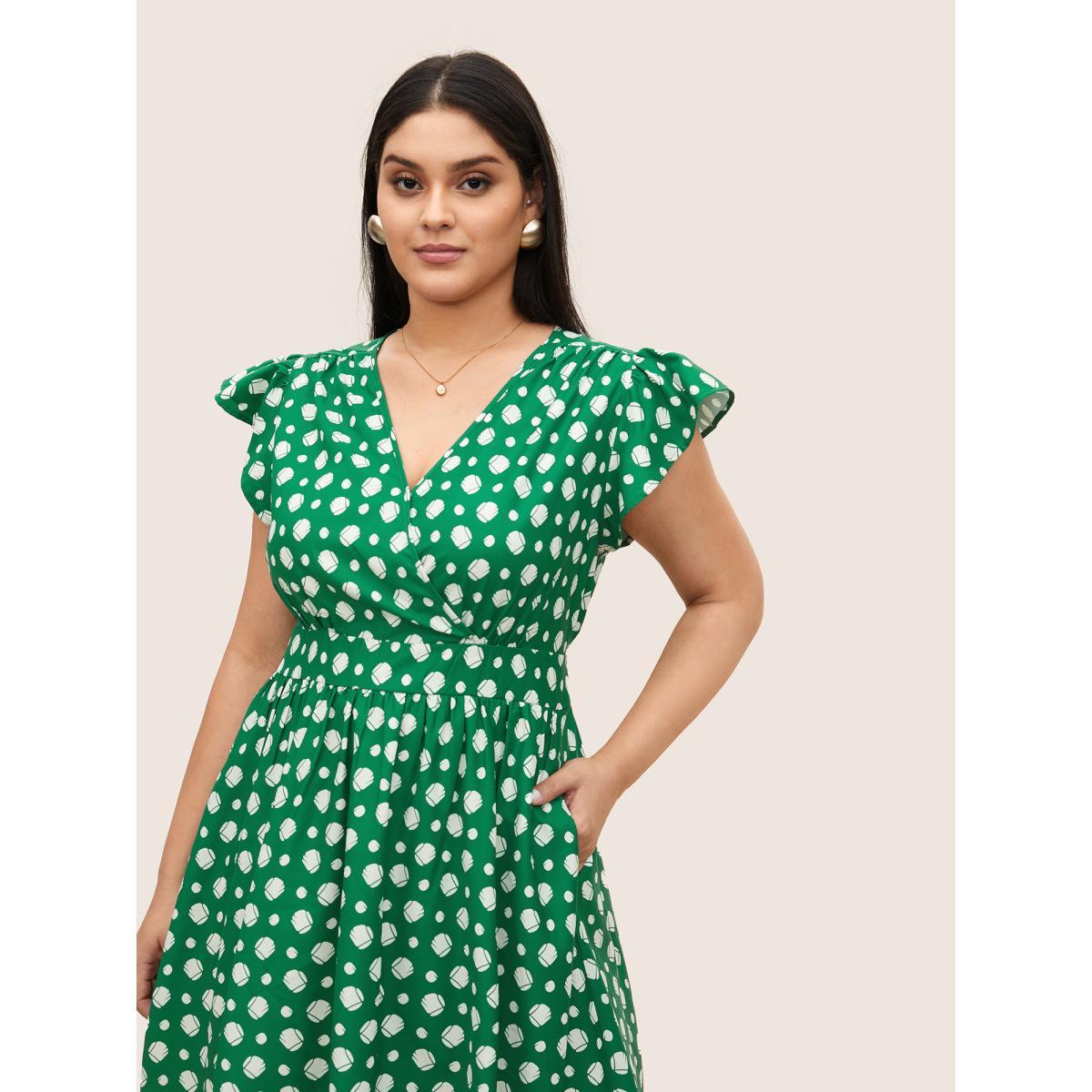 Plus Size Graphic Wrap Gathered Ruffle Cap Sleeve Dress Emerald Women Elegant Non Overlap Collar Cap Sleeve Curvy Midi Dress BloomChic 12/L Product Image