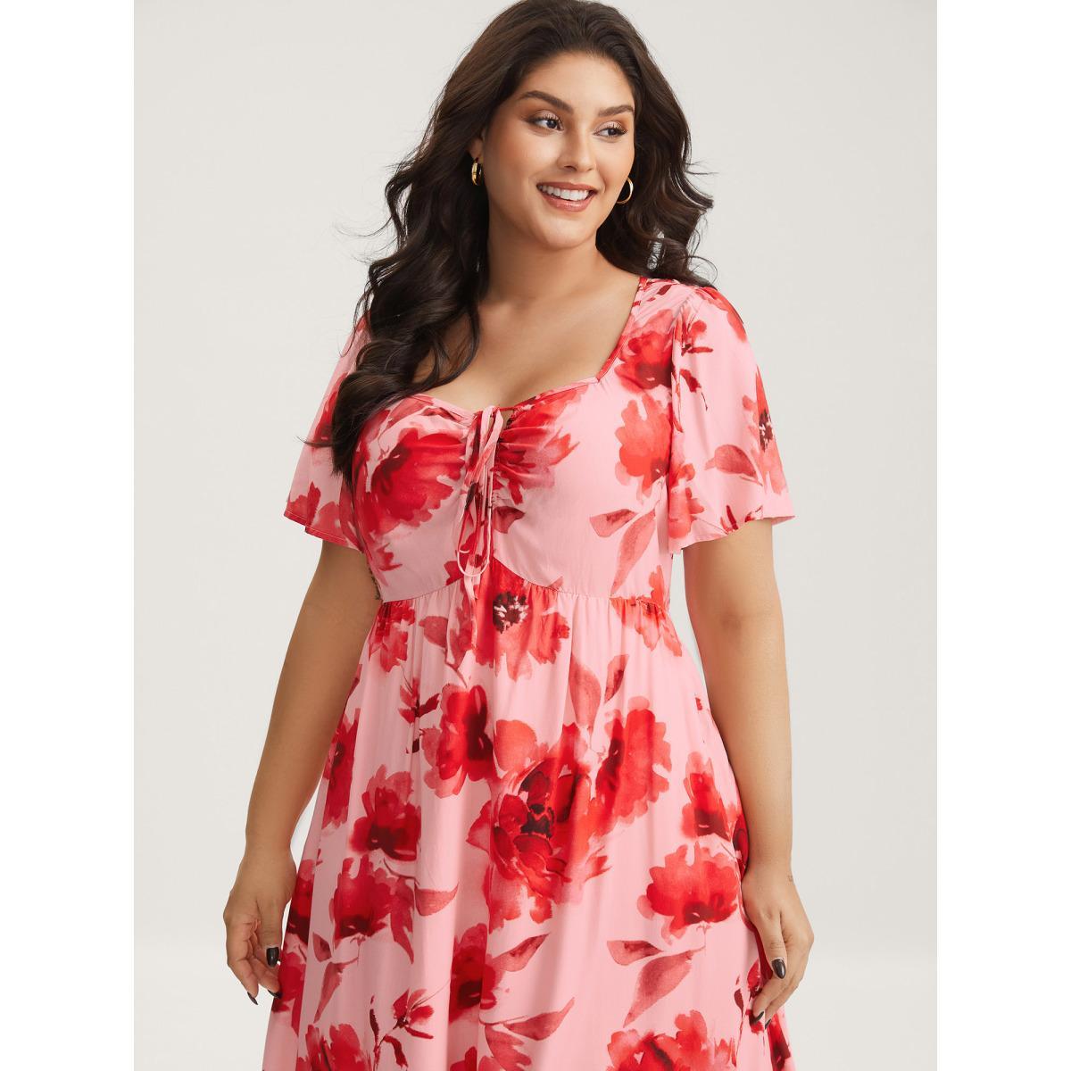 Plus Size Rayon Romantic Floral Print Drawstring Midi Dress Lightpink Women Heart neckline Short sleeve Curvy BloomChic 14-16/1X Product Image