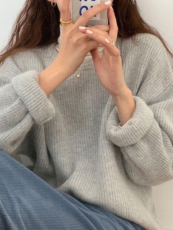 Solid Color Crew Neck Pullover Sweater Product Image