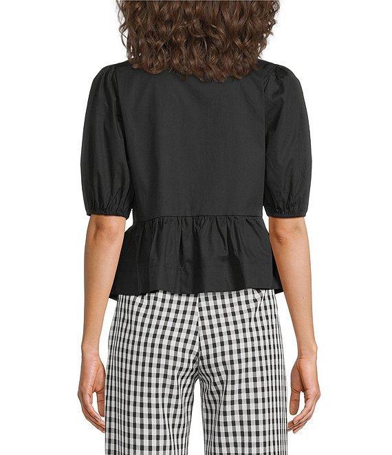 Sugarlips Tie Front Short Puff Sleeve Peplum Poplin Top Product Image