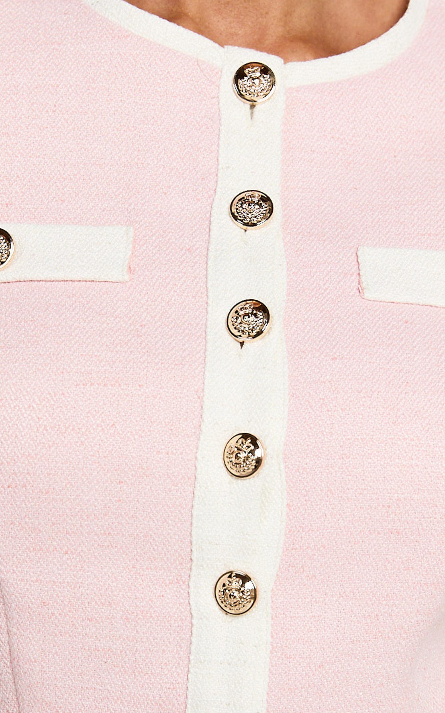 Rosa Two Piece Set- Tailored Boucle Hardware Detail Button Down Top and Skirt Set in Light Pink Product Image