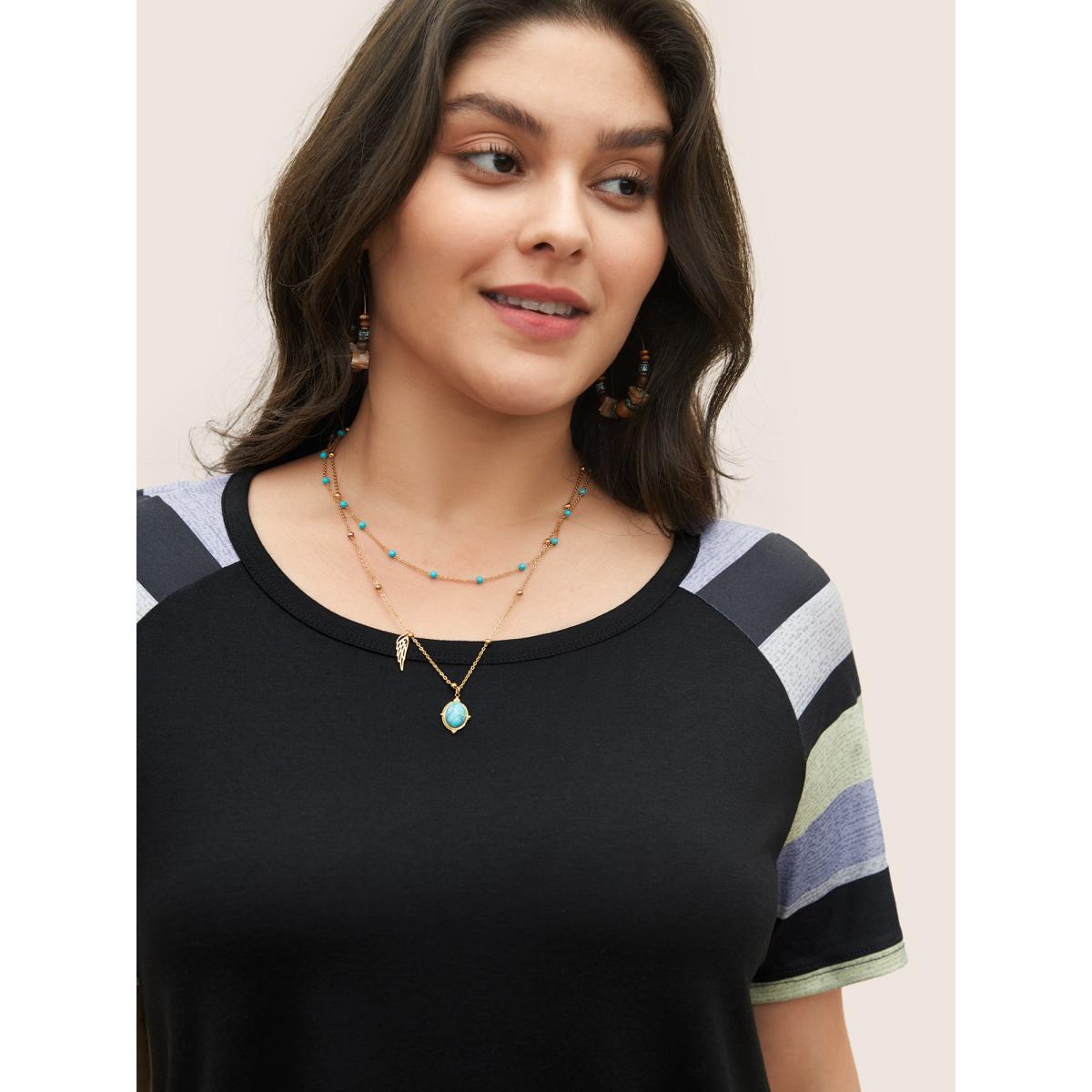 Plus Size Striped Contrast Raglan Sleeve Round Neck T-shirt Heather Women Resort Striped Round Neck Vacation T-shirts BloomChic 14-16/1X Product Image