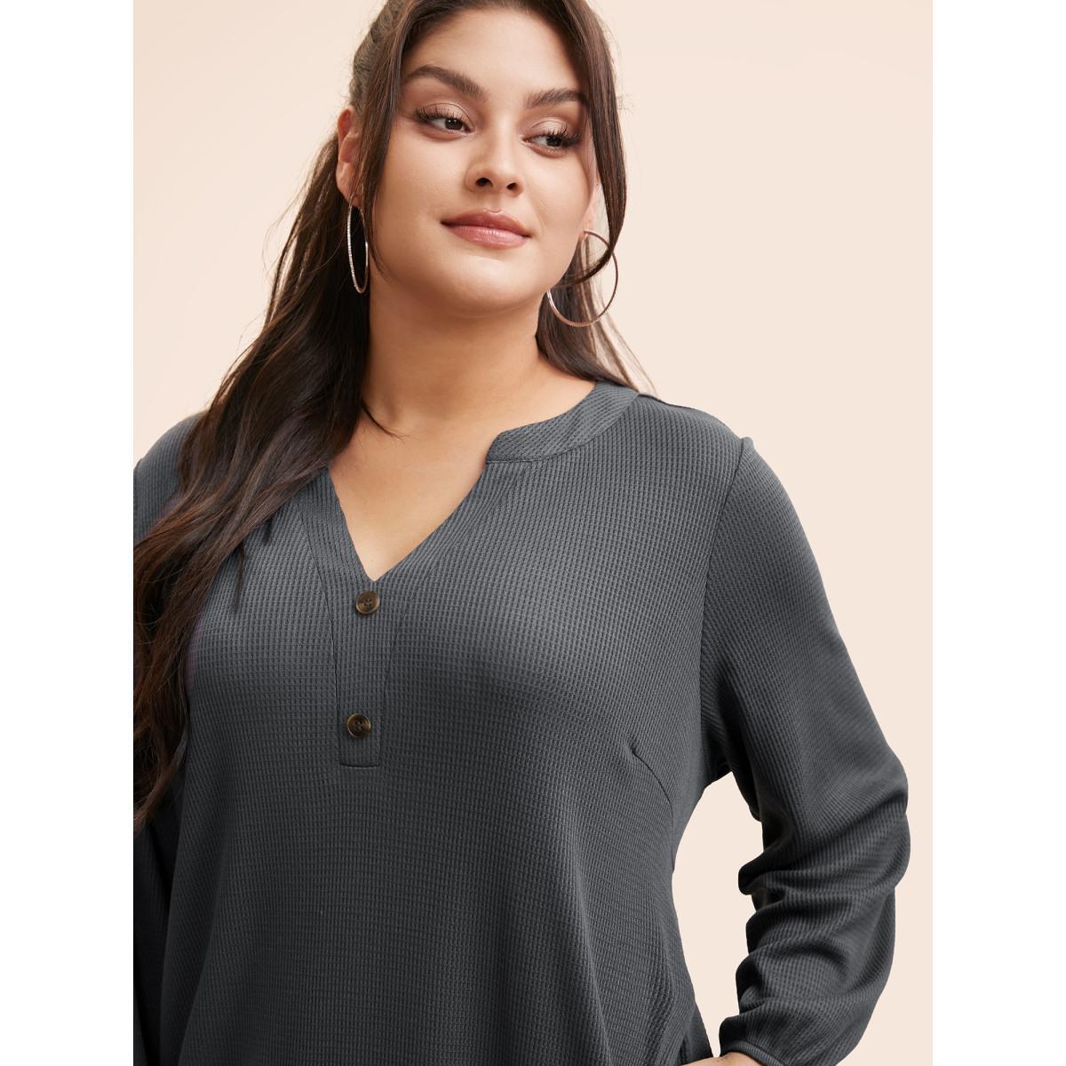 Plus Size Notched Waffle Knit Button Detail Dress DarkGray Women Casual Texture Notched collar Long Sleeve Curvy BloomChic 10/M Product Image