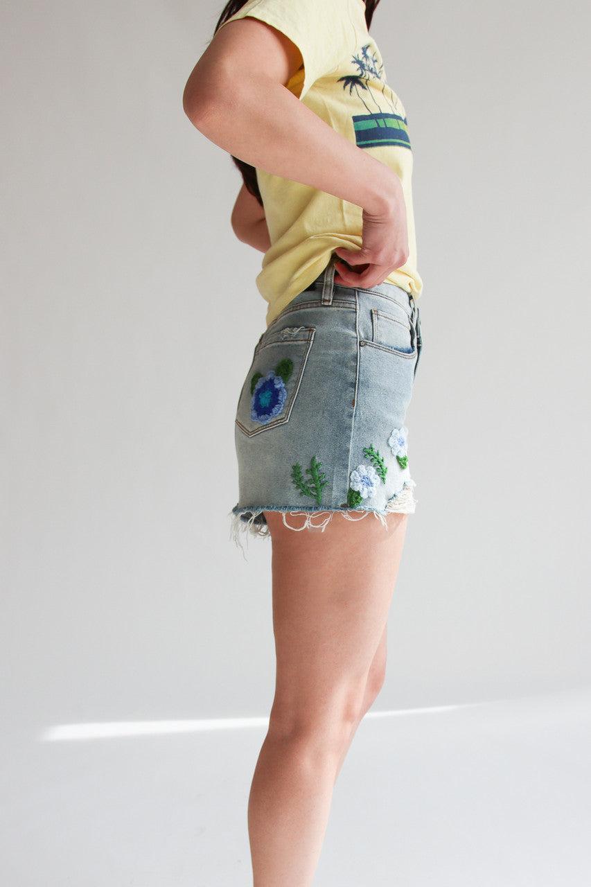 Crochet Flowers Cut Off Shorts Product Image