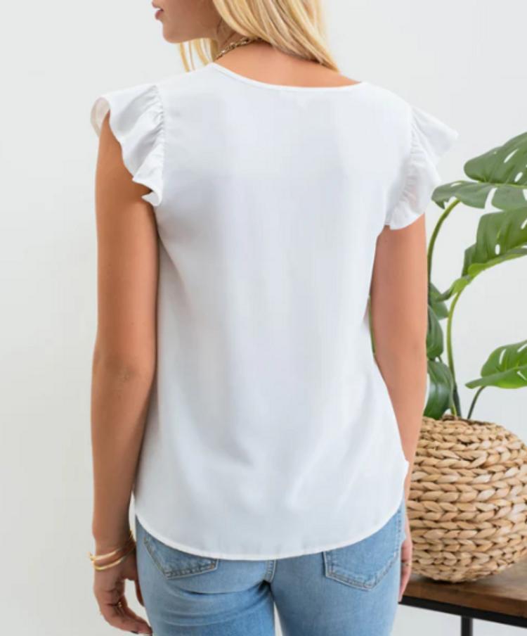 blu pepper® Ladies' Ruffle S/S Split Neck Blouse Product Image