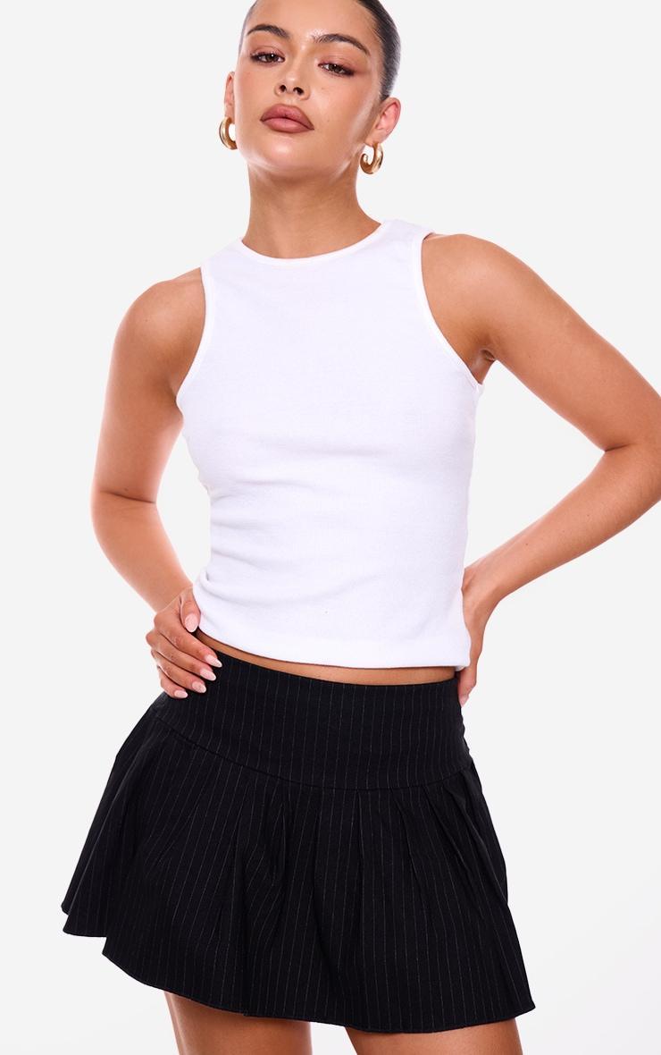 Black Pinstripe Stretch Woven Low Rise Pleated Micro Mini Skirt Product Image
