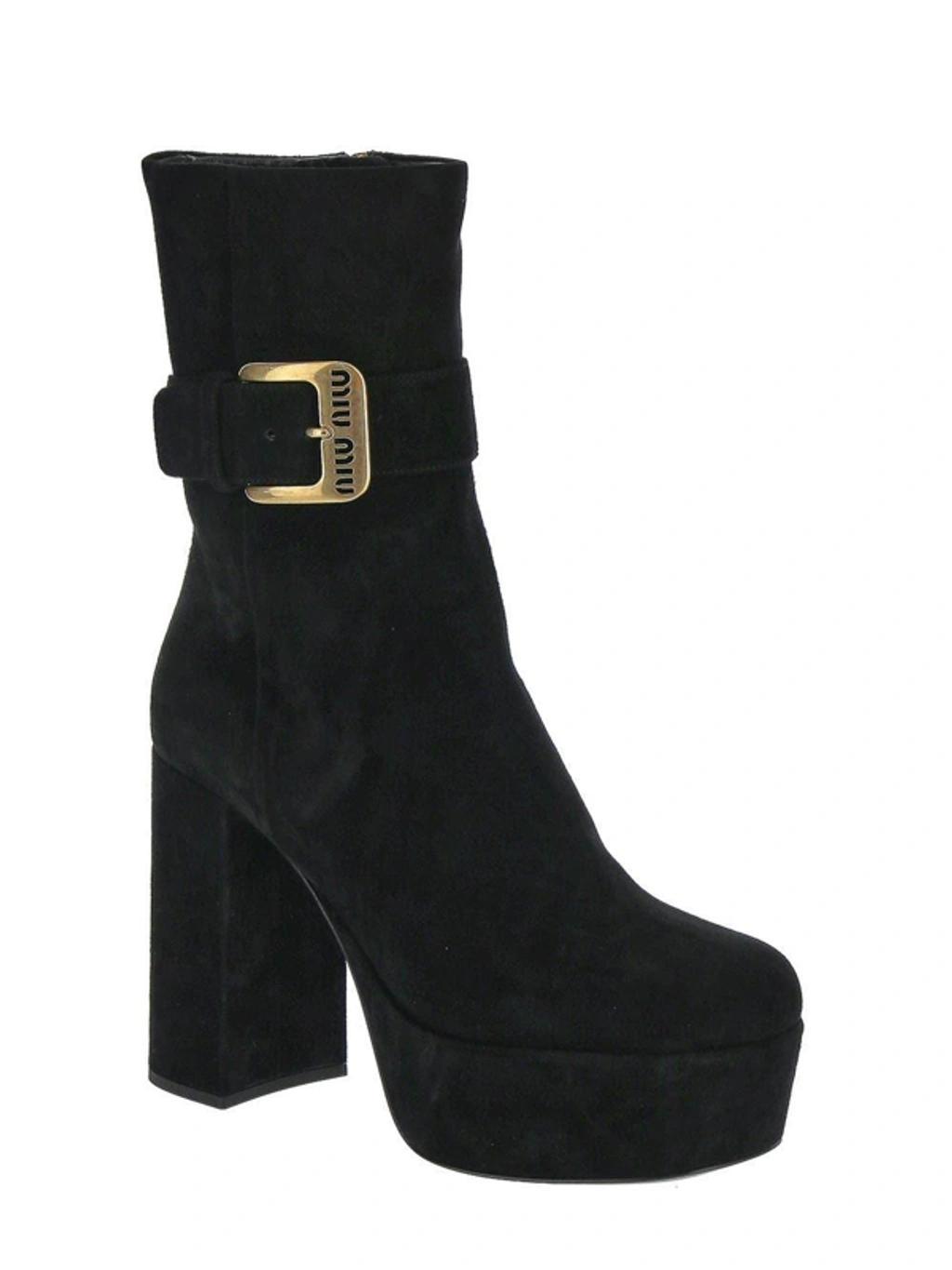 MIU MIU Suede Platform Booties In Black Product Image