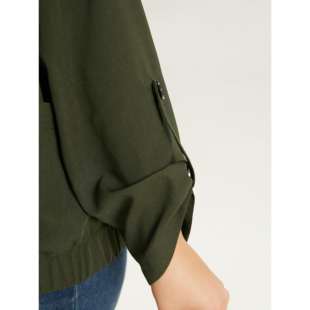 Plus Size Lapel Collar Solid Gathered Tab Sleeve Jacket Women ArmyGreen Plain Pocket Dailywear Jackets BloomChic 30/6X Product Image