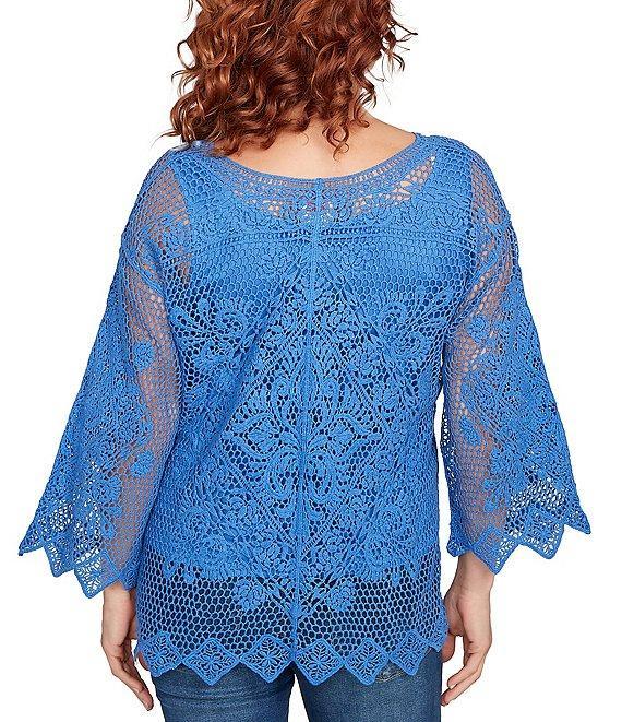 Ruby Rd. Petite Size Crochet Medallion Floral Pattern Scoop Neck 3/4 Wide Flared Sleeve Top Product Image