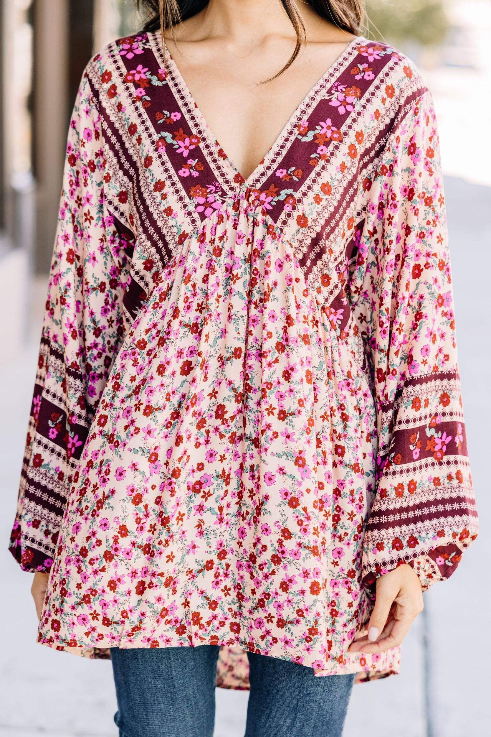 Searching For Joy Wine Red Mixed Print Tunic Female Product Image