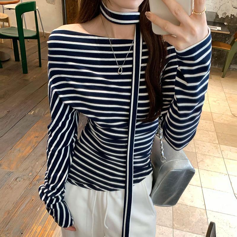 Long Sleeve One Shoulder Striped Asymmetrical Tee Product Image