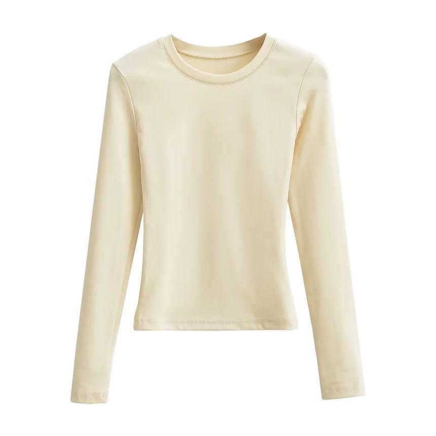 Long-Sleeve Crew Neck Plain Crop T-Shirt Product Image