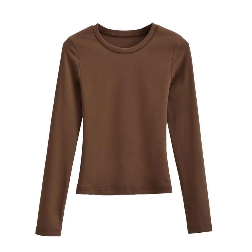 Long-Sleeve Crew Neck Plain Crop T-Shirt Product Image