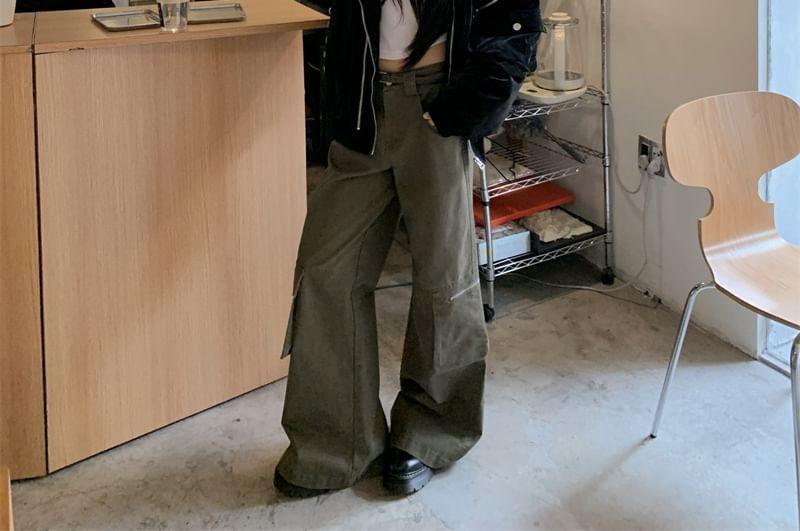 Stand Collar Plain Zip-Up Bomber Jacket / Mid Waist Wide Leg Cargo Jeans Product Image