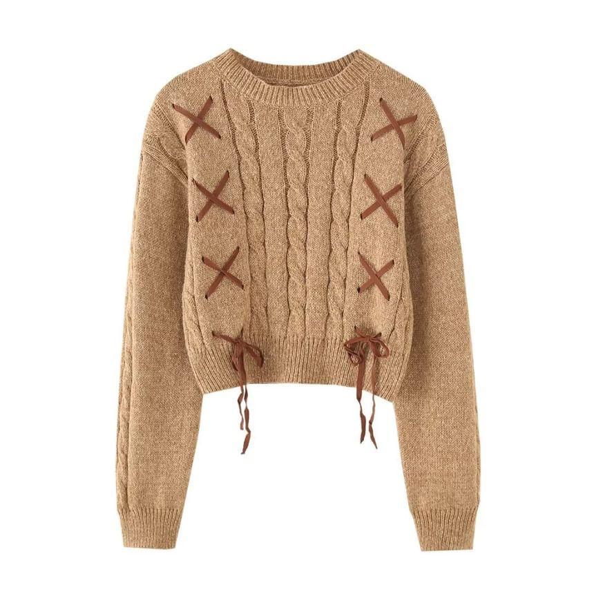 Long Sleeve Plain Lace-Up Cable-Knit Loose-Fit Sweater Product Image