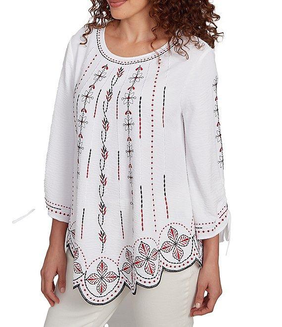 Ruby Rd. Soft Crepe Gauze Embroidered Scoop Neck 3/4 Tie Sleeve Top Product Image
