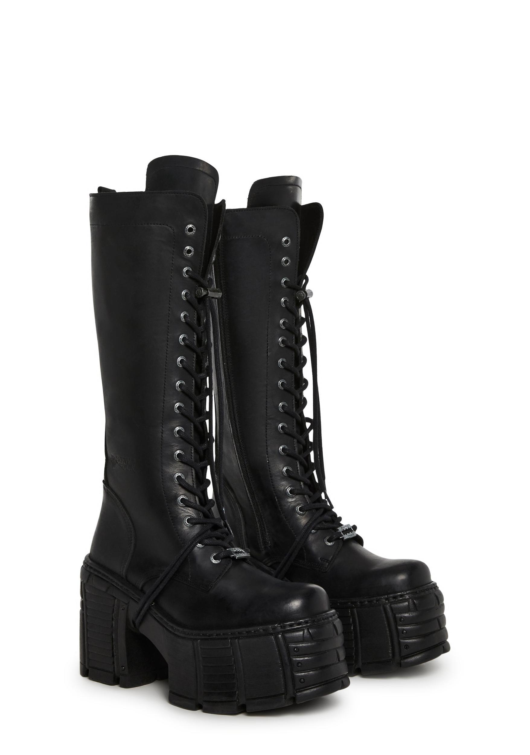 New Rock M-TM002-C2 Lace-Up Knee High Boots - Black Product Image
