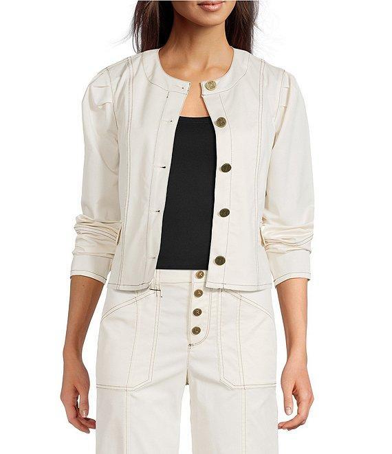 KARL LAGERFELD PARIS Coordinating Round Neck Long Sleeve Contrast Trim Cropped Jacket Product Image