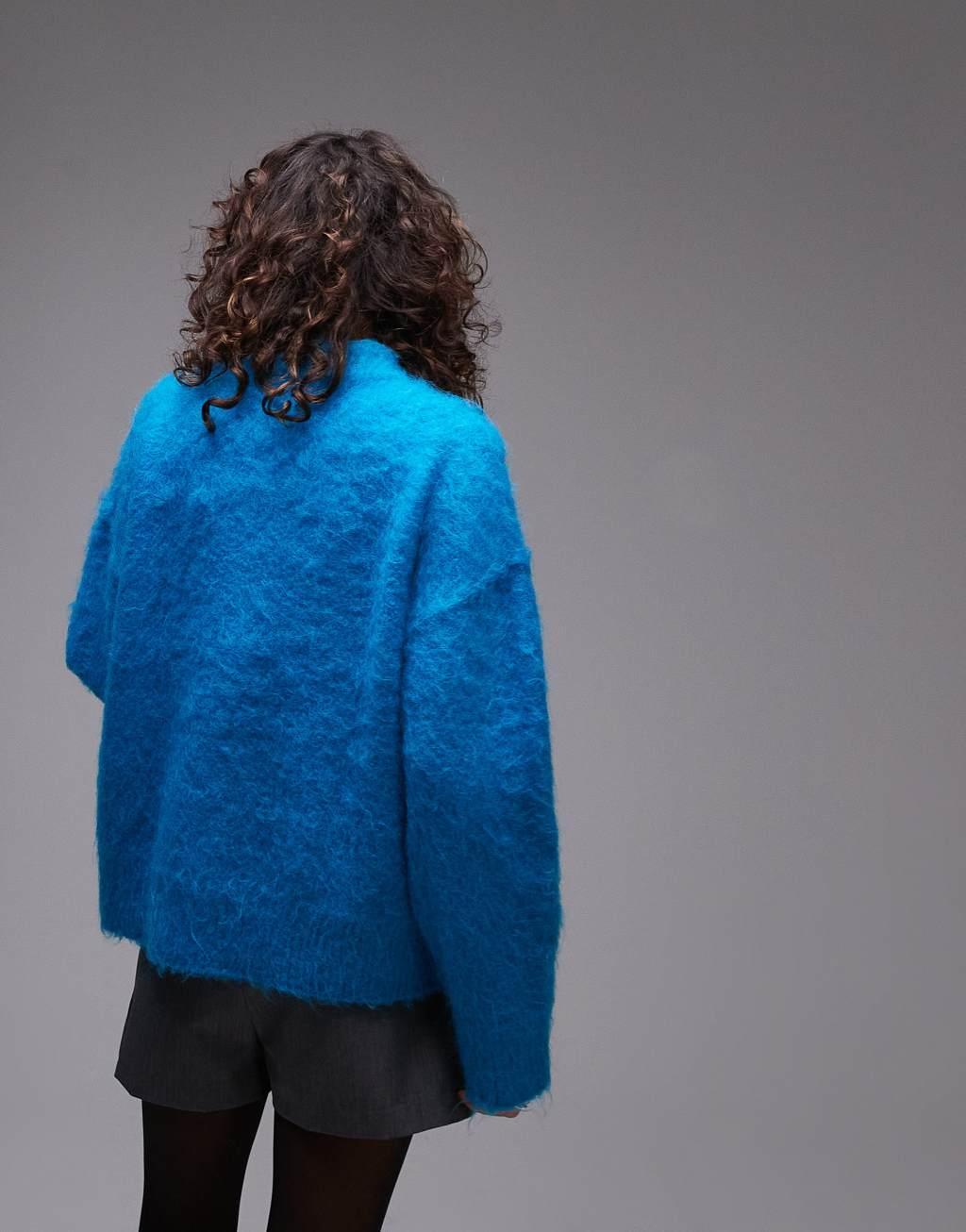 Topshop fluffy knit relaxed sweater in turquoise Product Image