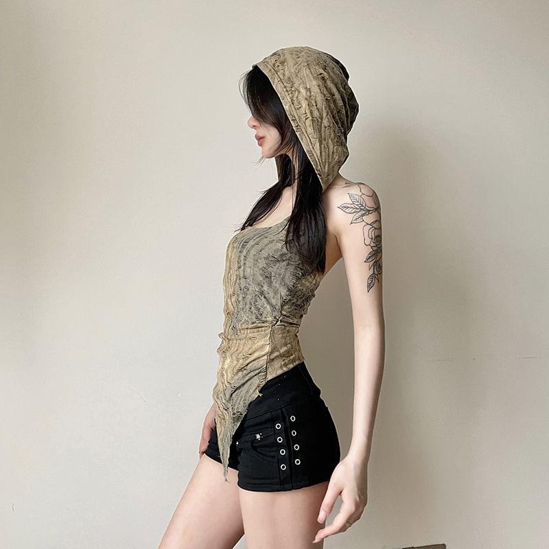 Sleeveless Square-Neck Distressed Slim-Fit Hooded Top Product Image
