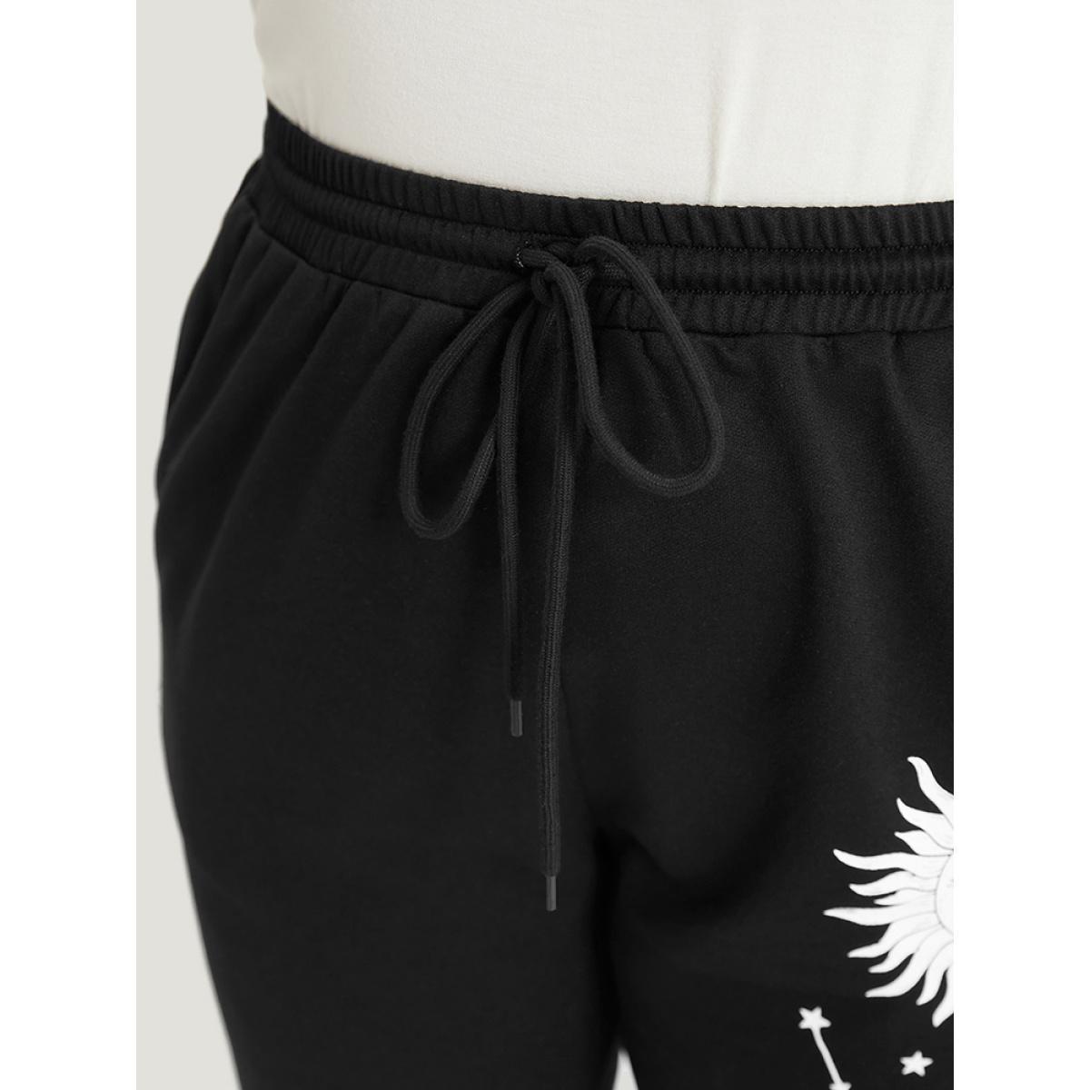 Moon and Star Print Pocket Drawstring Sweatpants Black Plus Size Women Casual Dailywear Plain 28/5X Bloomchic Product Image