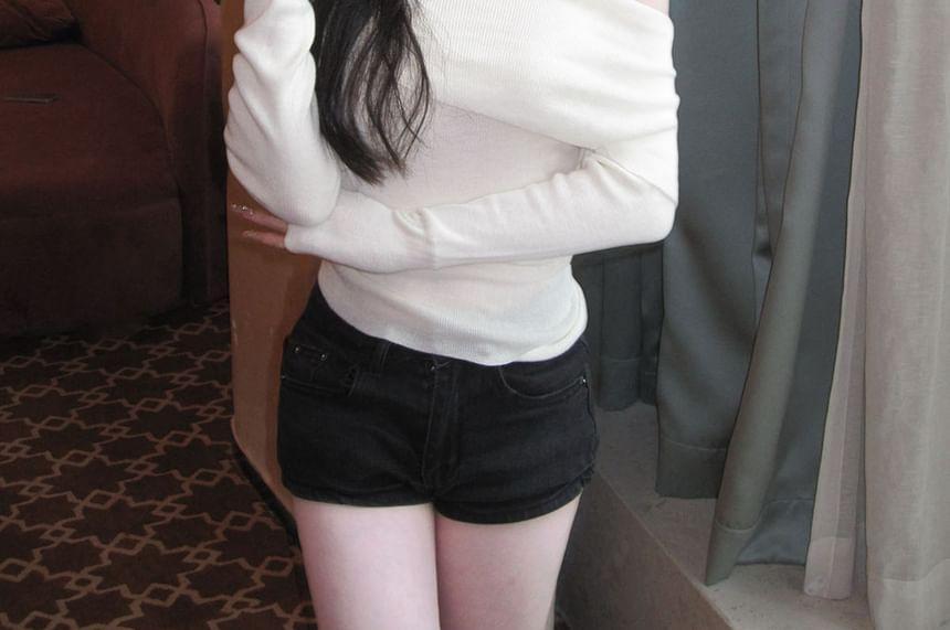 Long-Sleeve Off-Shoulder Plain Butterfly Accent Knit Top Product Image