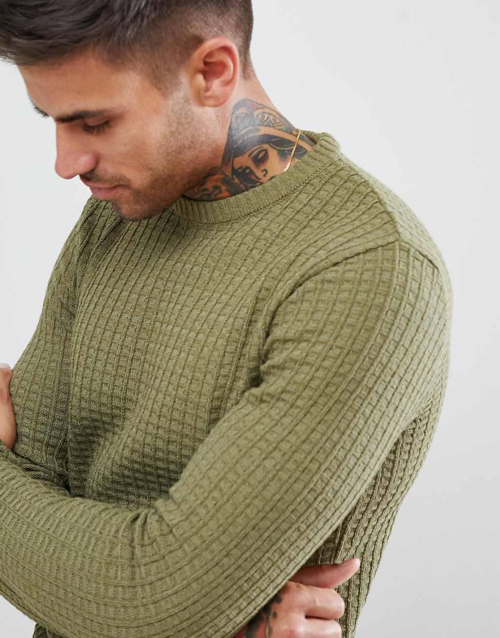 ASOS DESIGN muscle fit textured crew neck sweater in khaki Product Image