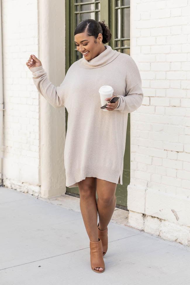 Changing Locations Beige Turtleneck Sweater Dress Product Image