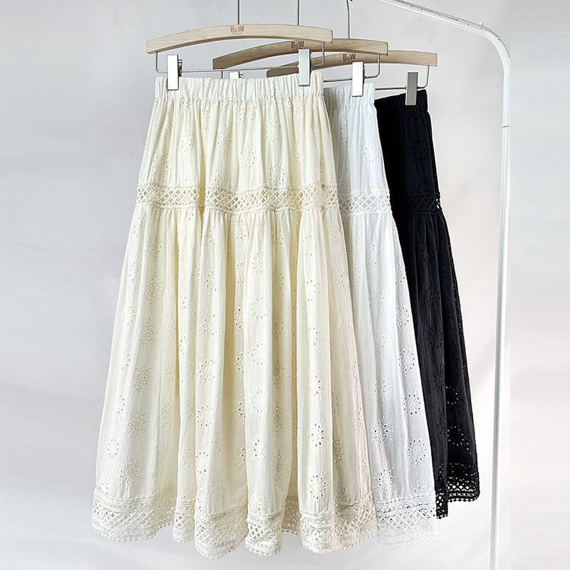 High Waist Plain Embroidered Pointelle Midi A-Line Skirt Product Image